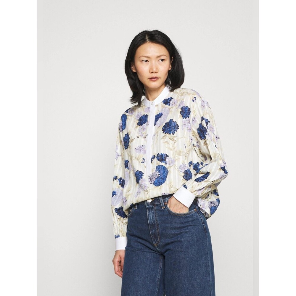 Tory Burch Watercolor Floral Print Pullover Long Sleeve Cotton Tunic Blouse - S
